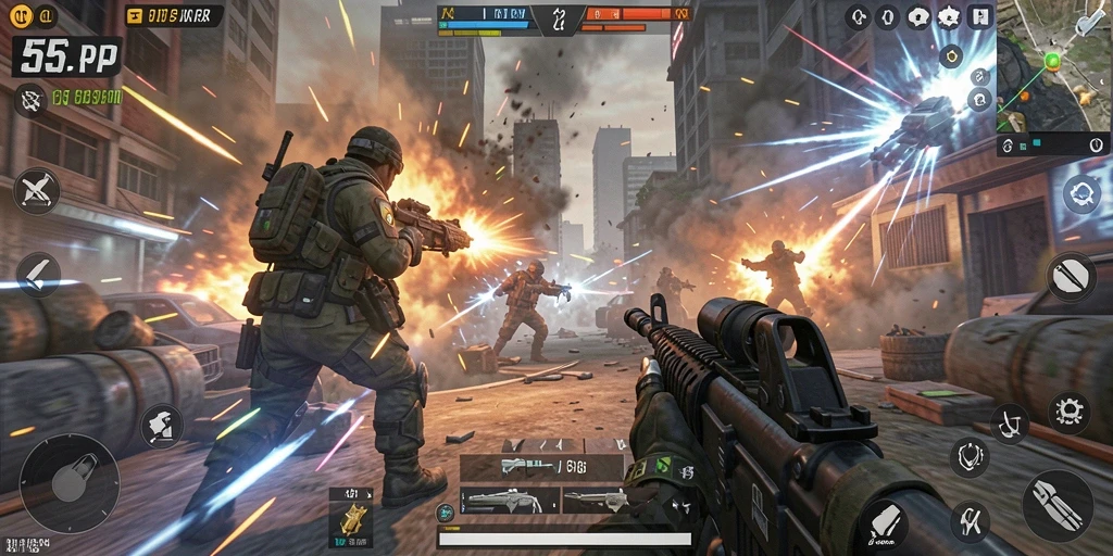 Screenshot 55RP menampilkan aksi menembak yang intens di gameplay FPS.