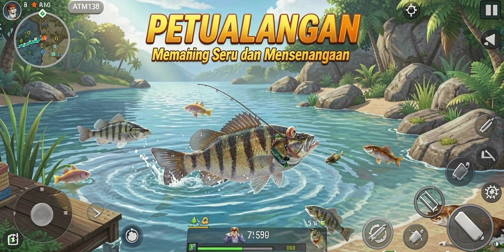 Tampilan gameplay <strong>ATM138</strong> saat memancing di lautan yang indah.