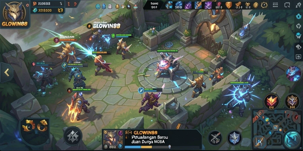 Screenshot gameplay GLOWIN88 menampilkan pertarungan antara karakter di arena MOBA.