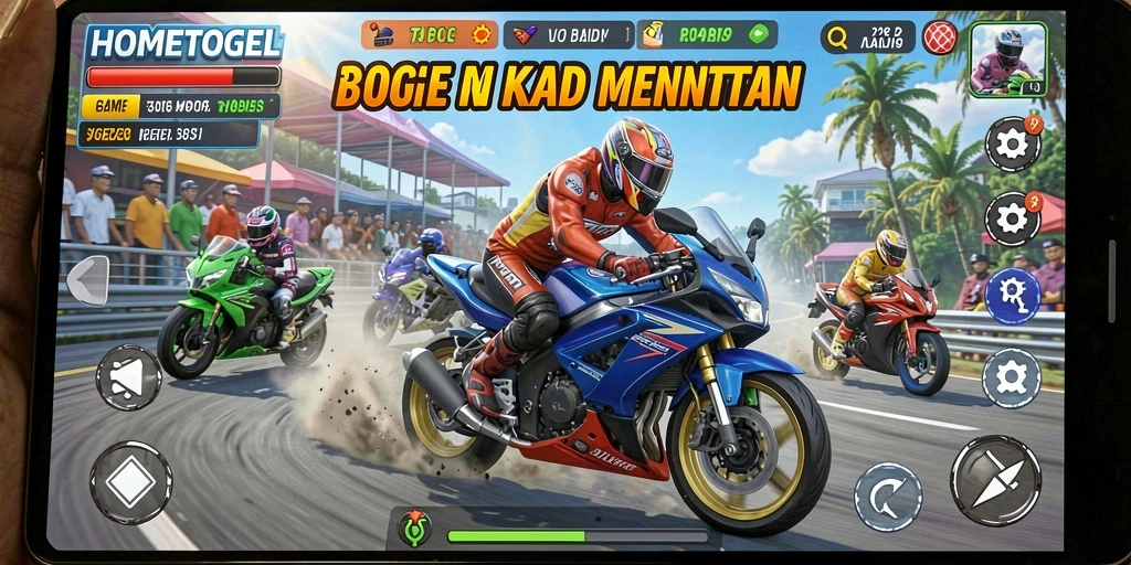 Tampilan gameplay HOMETOGEL yang penuh aksi dan menegangkan di trek balap.