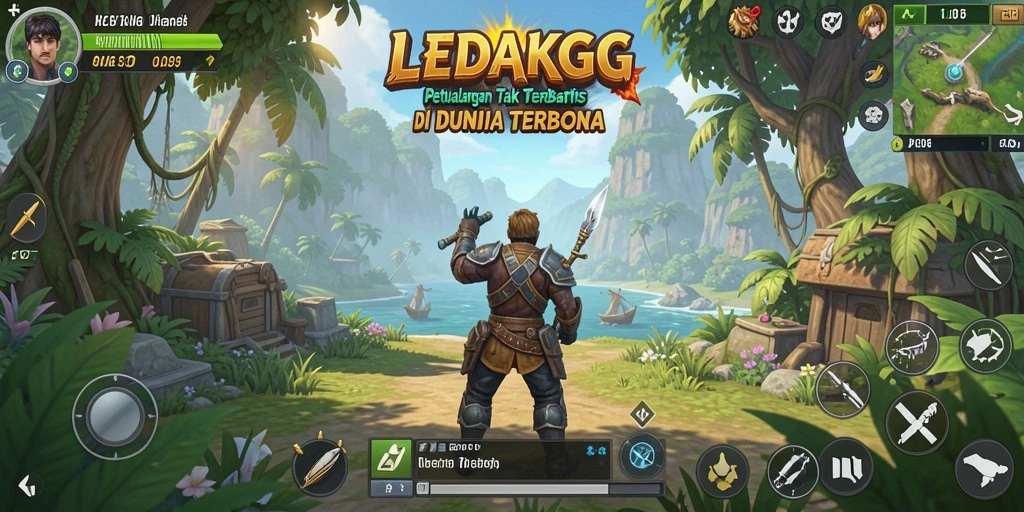 Tampilan gameplay LEDAKGG yang menampilkan dunia terbuka yang luas dan indah.