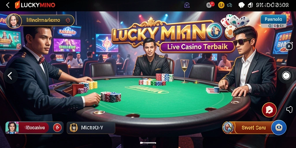 Tampilan gameplay LUCKYMINO yang mengesankan dengan dealer langsung dan pemain lain.