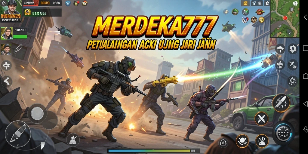 Tangkapan layar gameplay MERDEKA777, menampilkan pertempuran mendebarkan dan karakter aksi.