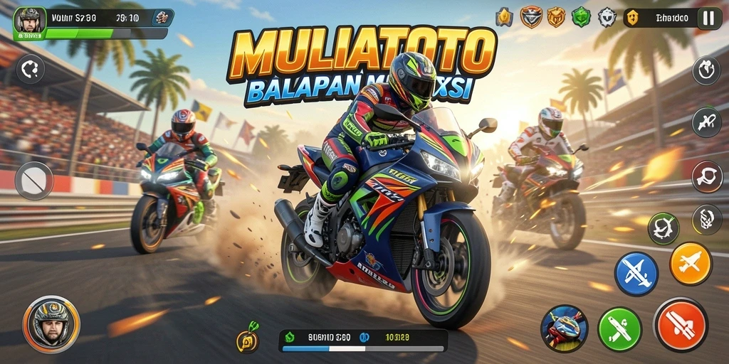 Gameplay MULIATOTO yang mendebarkan dengan balapan motor yang cepat.
