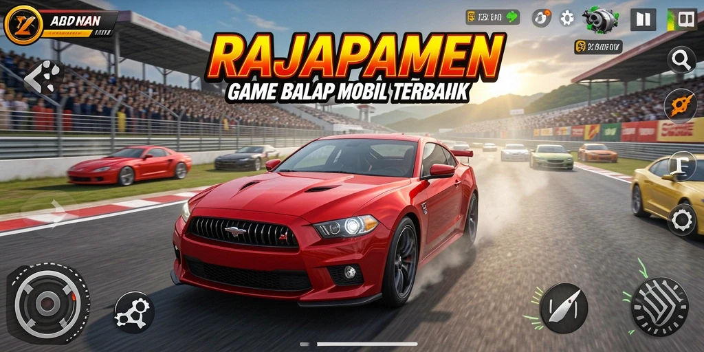 Tampilan gameplay RAJAPAMEN yang mendebarkan dengan mobil balap kece.