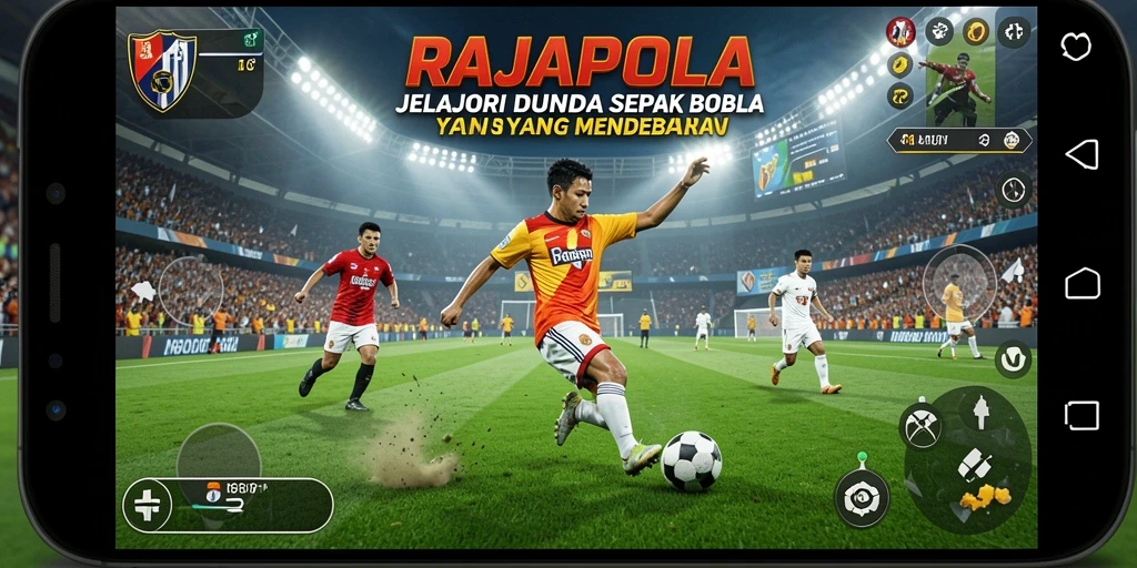 Tangkapan layar utama RAJAPOLA yang menunjukkan gameplay mendebarkan di lapangan sepak bola.