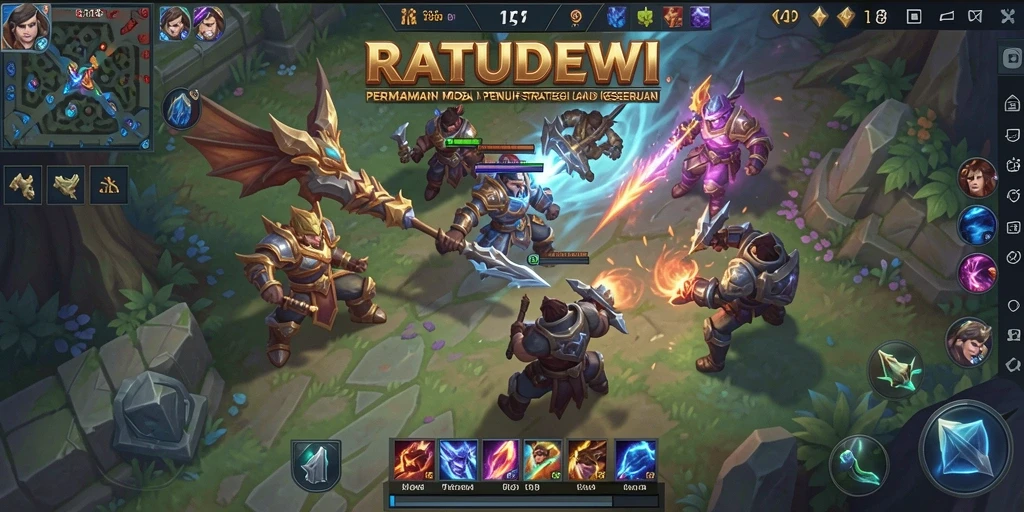 Tampilan gameplay seru dalam RATUDEWI dengan pertarungan tim yang epik.